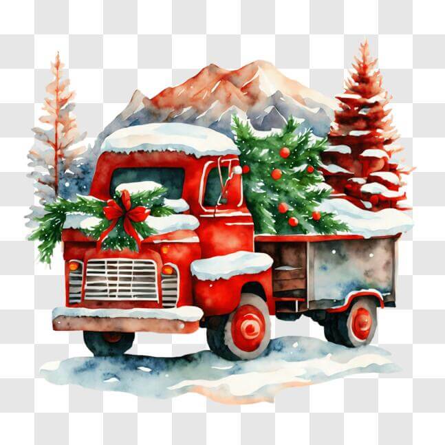 Download Festive Red Truck with Christmas Trees and Snowflakes PNG ...