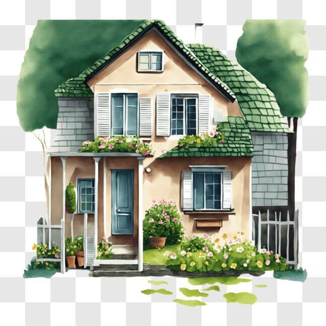 Download Beautiful House with Green Shutters and Flower Garden PNG ...