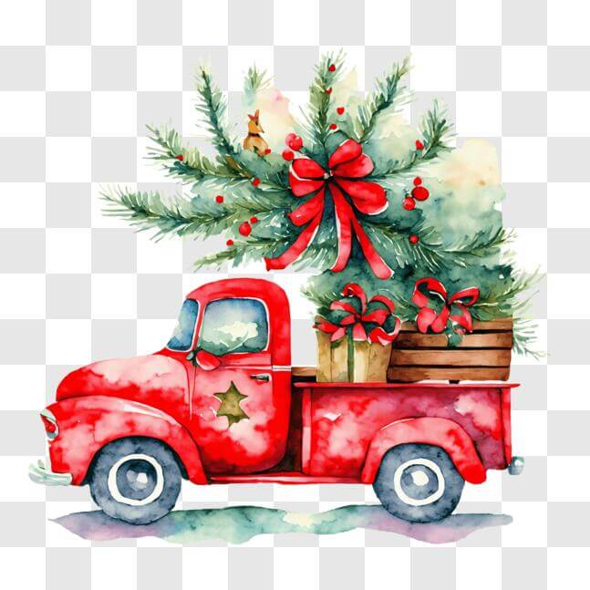 Download Festive Christmas Truck with Ornamented Tree and Gifts PNG ...