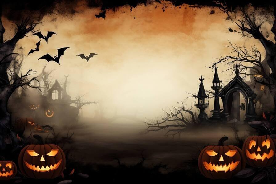 Haunted Writing Background Design Download Spooky Haunted Castle with Pumpkins, Bats, and Ghosts ...