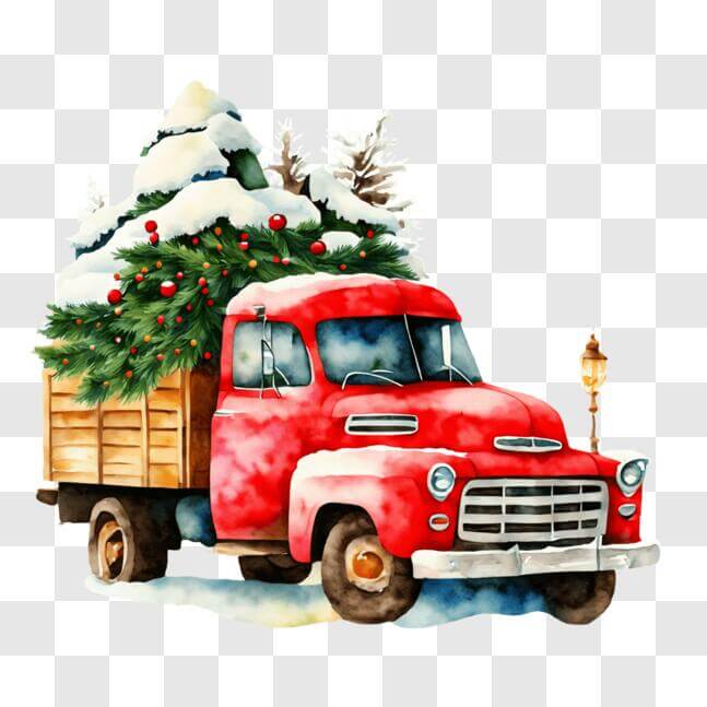 Download Old Red Truck with Christmas Tree Watercolor Painting PNG ...