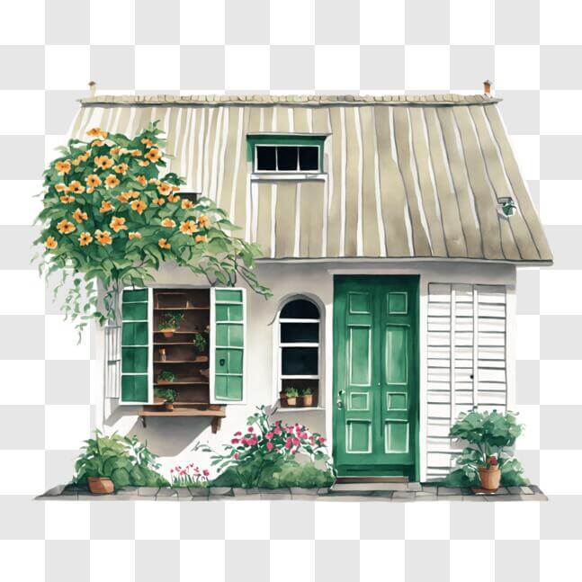 Download Artistic Painting of a Cozy Home with Green Shutters and ...