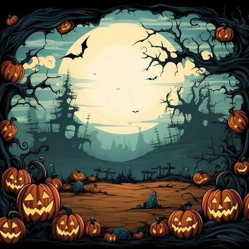 Gruseliger Halloween-Fotohintergrund - Violett, Vollmond, Schloss & Mehr (2,1x1,5m)