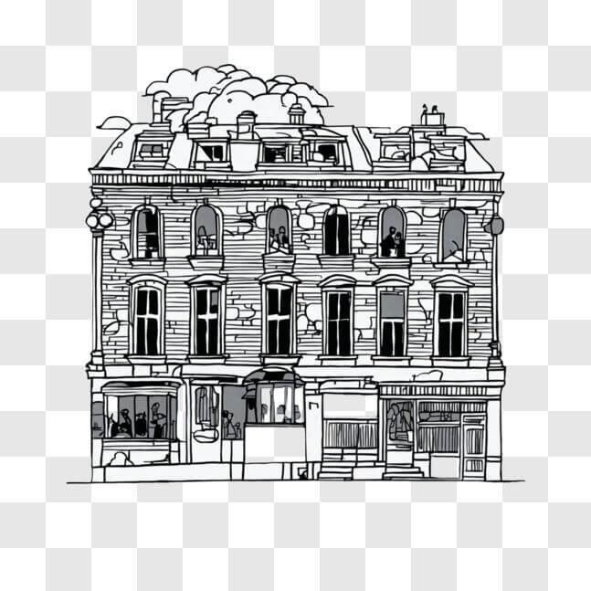 Black and White Drawing of an Old Building with Windows PNG