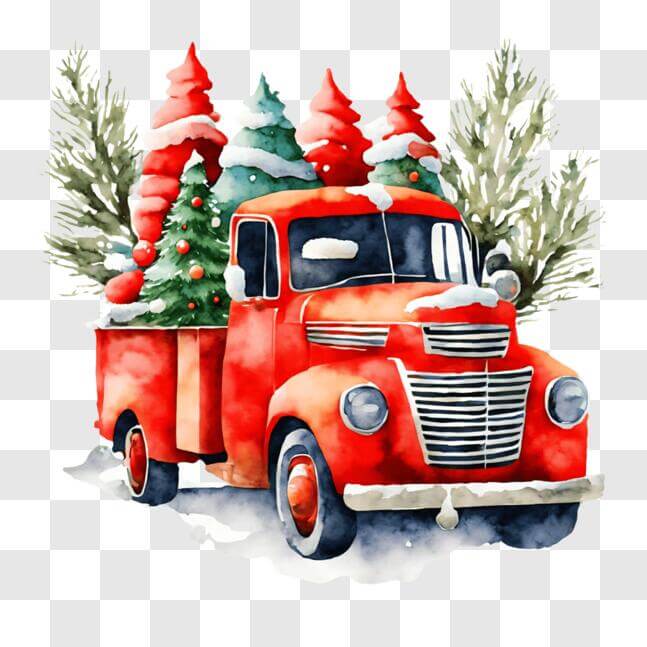 Download Old Red Truck with Christmas Trees PNG Online - Creative Fabrica