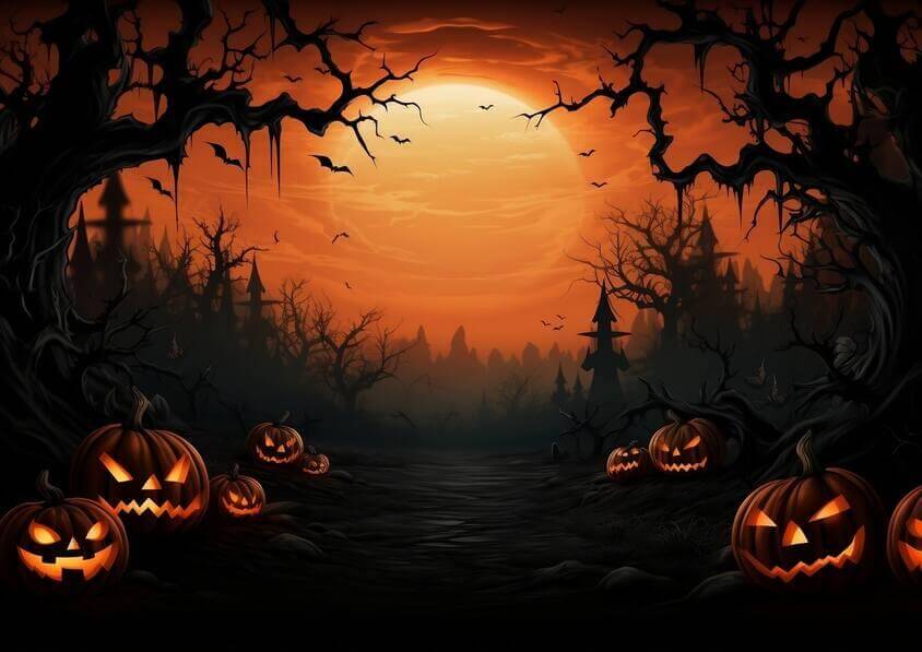 Download Dark Forest Halloween Background with Pumpkins and Skeletons ...
