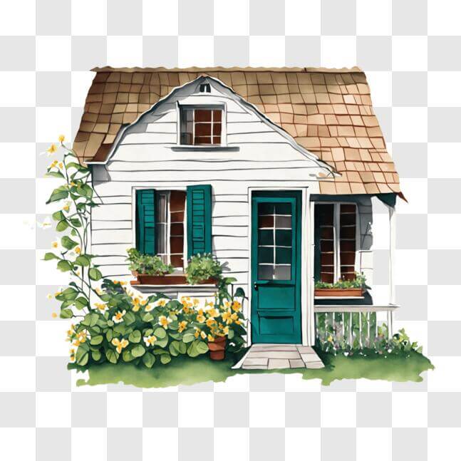Download Charming Cottage House with Green Shutters and Potted Plants ...