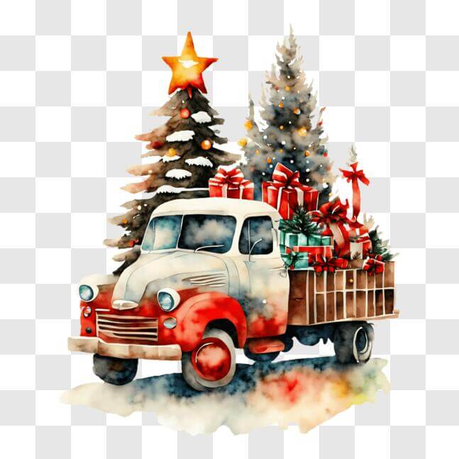Download Vintage Truck with Presents and Christmas Tree PNG Online ...