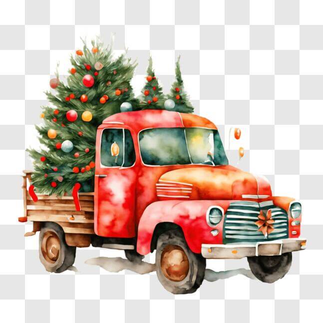 Download Festive Christmas Truck with Ornamented Tree PNG Online ...