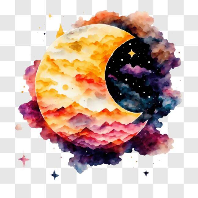 Download Watercolor Painting of Crescent with Clouds and Stars PNG ...