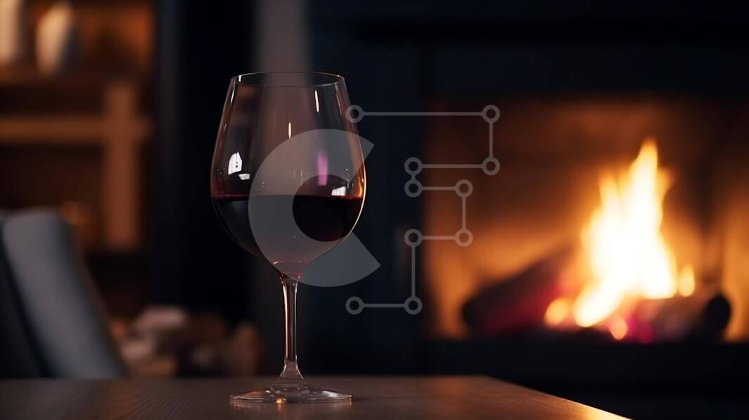 Cozy Evening with Red Wine by the Fireplace stock photo Creative Fabrica