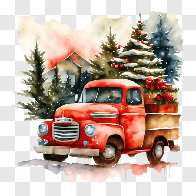 Download Vintage Red Truck with Christmas Tree in Winter PNG Online ...