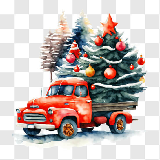 Download Red Christmas Truck with Ornamented Tree PNG Online - Creative ...