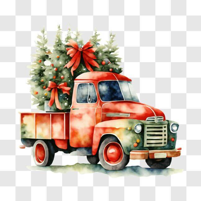 Download Old Red Truck with Christmas Tree PNG Online - Creative Fabrica