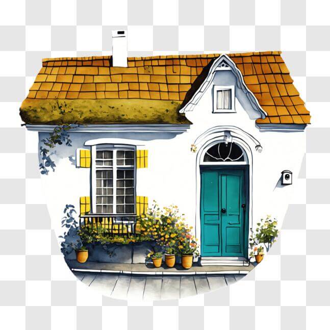 Download Charming Small House with Blue Door and Potted Plants PNG ...