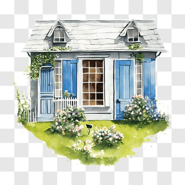 Download Watercolor Painting of Old Cottage with Blue Shutters and ...