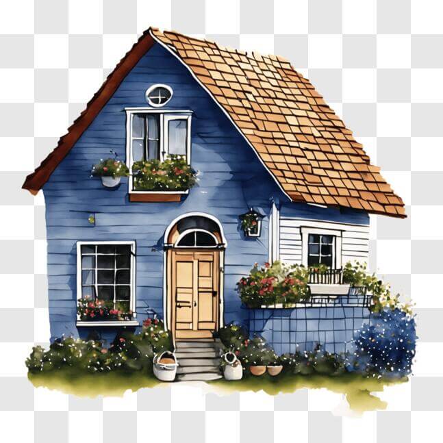 Download Charming Blue House with Flower Decorations PNG Online ...
