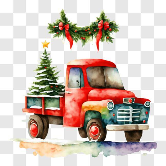 Download Vintage Red Truck with Christmas Tree PNG Online - Creative ...