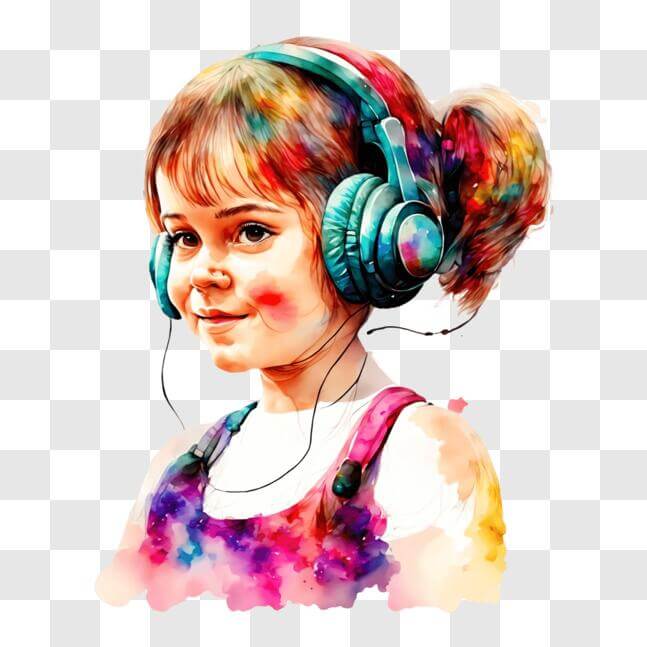 Download Happy girl enjoying music with headphones and headbands PNG