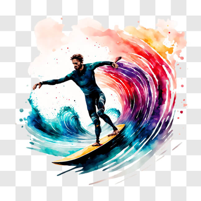 Download Surfer Riding Waves on Colorful Swirl Decorated Surfboard PNGs ...