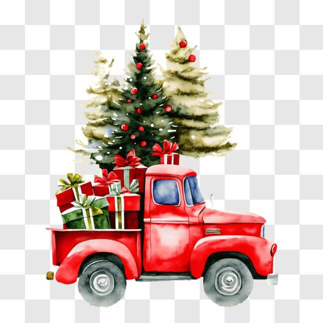 Download Festive Red Christmas Truck with Gifts and Trees PNG Online ...