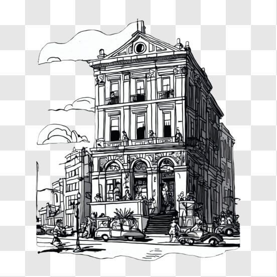 Black and White Sketch of an Old Building in the City