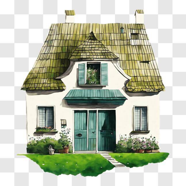 Download Charming Cottage with Green Shutters PNG Online - Creative Fabrica