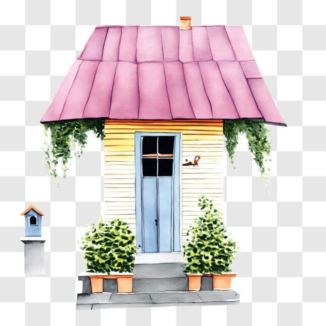 Download Ornamental Pink-Roofed House with Potted Plants PNG Online ...