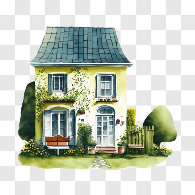Download Artistic Yellow House with Plants and Flowers PNG Online ...