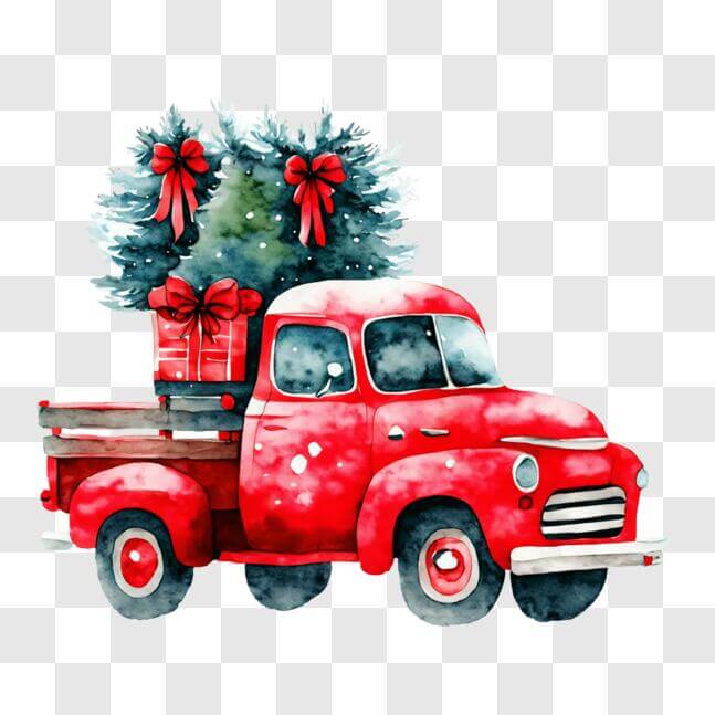 Download Festive Red Truck with Christmas Trees Watercolor Painting PNG ...