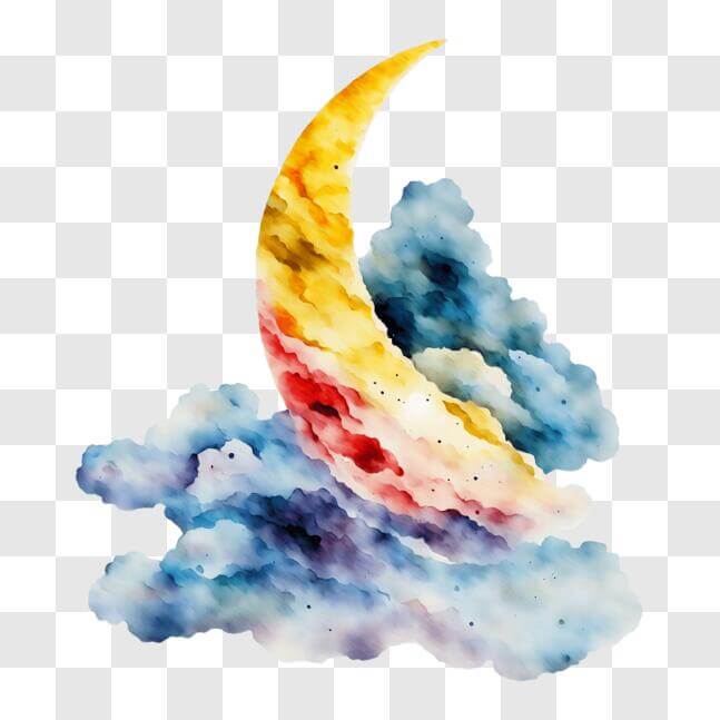 Download Vibrant Watercolor Crescent and Clouds Painting PNG Online ...