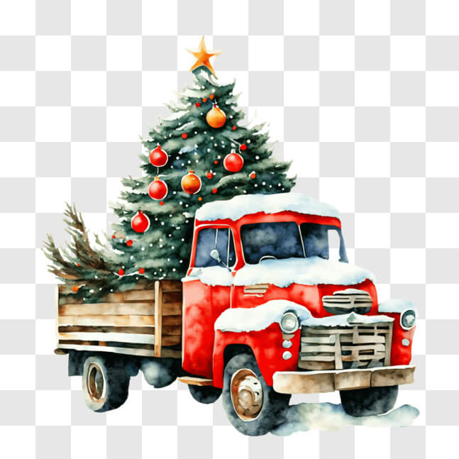 Download Festive Red Truck with Snow-Covered Christmas Tree PNG Online ...