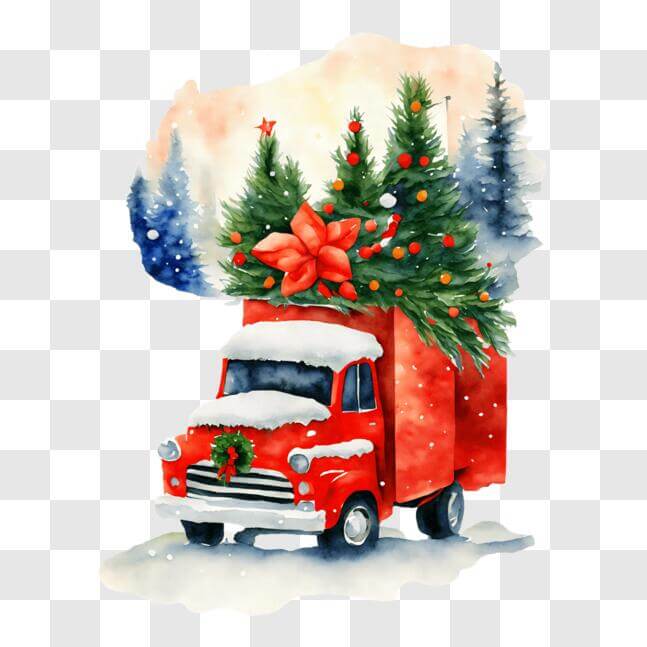 Download Holiday Decorated Red Truck with Christmas Trees PNG Online ...