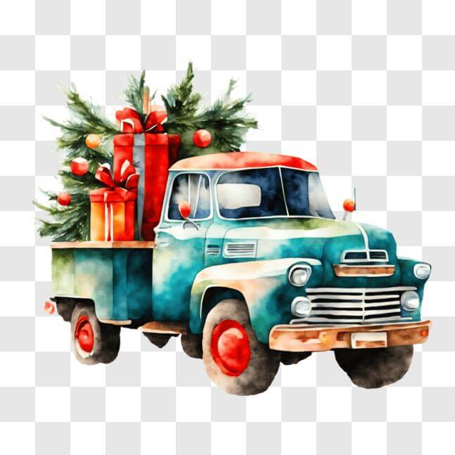 Download Holiday-themed watercolor painting of an old truck PNG Online ...