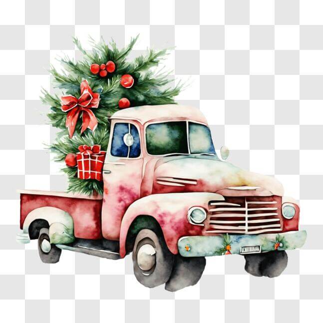 Download Vintage Truck with Christmas Tree Watercolor Painting PNG ...