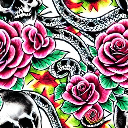 Tattoo Design with Skulls, Roses, and Serpent Tattoo Design with Skulls, Roses, and Serpent thumbnail