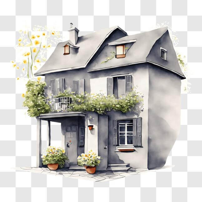 Download Watercolor painting of an old-style house with flowers and ...