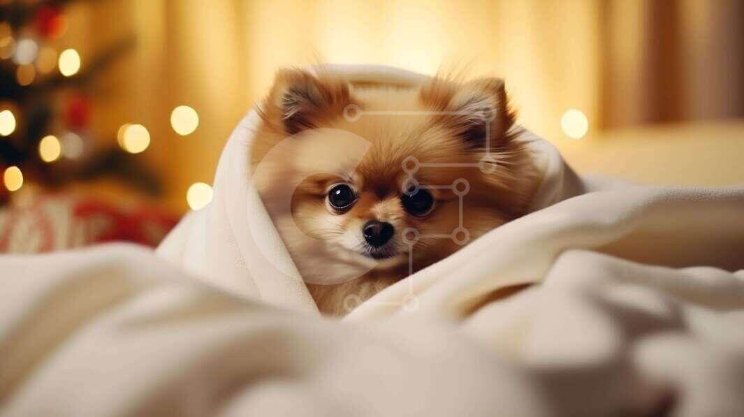 Adorable Pomeranian Dog Sleeping Under Blankets stock photo Creative