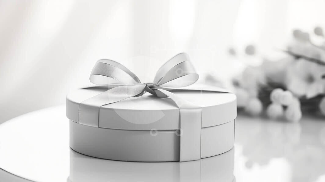Elegant White Gift Box with Bow and Flowers stock photo | Creative Fabrica