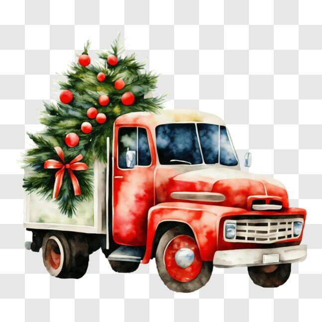 Download Festive Old Red Truck with Christmas Tree PNG Online ...