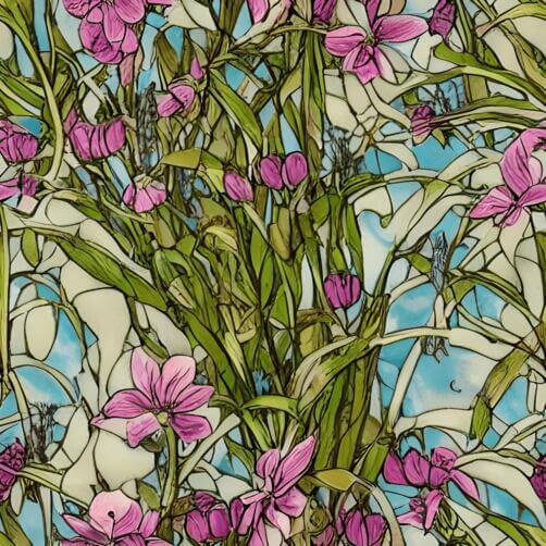 Stained Glass Pattern with Pink Flowers and Green Leaves Stained Glass Pattern with Pink Flowers and Green Leaves thumbnail
