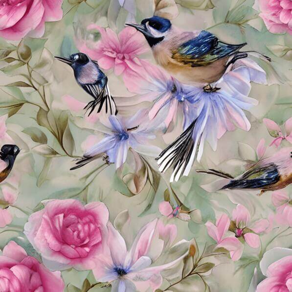 Download Birds Perched on Pink Roses and Flowers Seamless Pattern ...