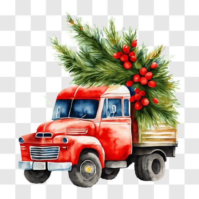 Download Decorated Red Christmas Truck with Ornamental Tree PNG Online ...
