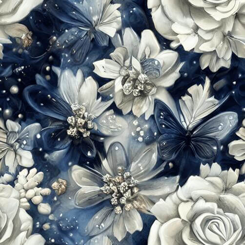 Seamless White and Blue Flower Pattern with Butterflies and Pearls Seamless White and Blue Flower Pattern with Butterflies and Pearls thumbnail