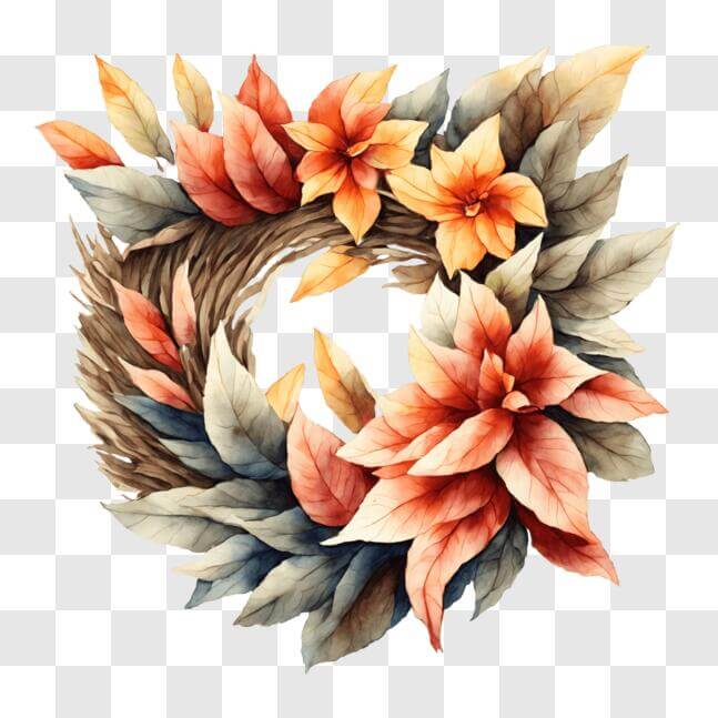 Download Beautiful Autumn-inspired Flower and Leaf Wreath PNG Online ...