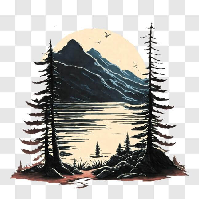 Download Mountain, Lake, and Forest Illustration with Full Moon PNG ...
