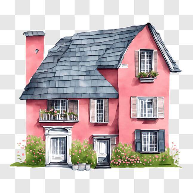 Download Colorful Pink House with Balconies and Potted Plants PNG ...
