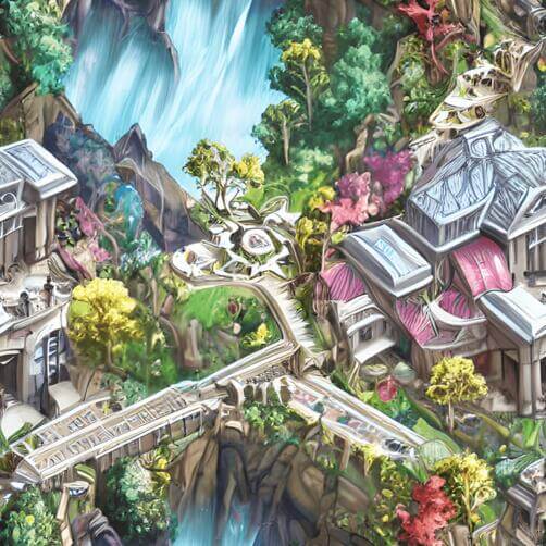 Fantasy Landscape with Buildings, Trees, and Waterfalls Fantasy Landscape with Buildings, Trees, and Waterfalls thumbnail