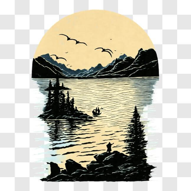 Download Idyllic Lake Scene with Fishing Man and Birds PNG Online ...