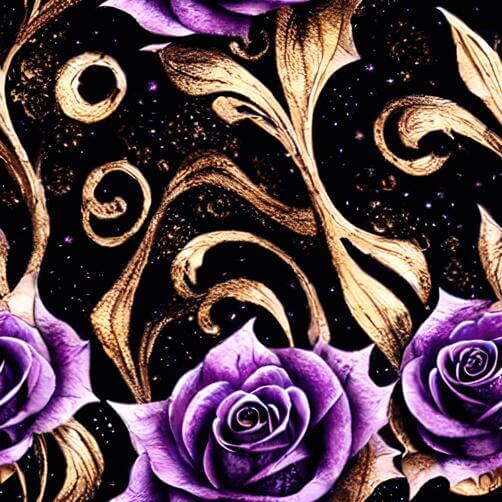Purple Roses on Black Background with Gold Swirls Purple Roses on Black Background with Gold Swirls thumbnail